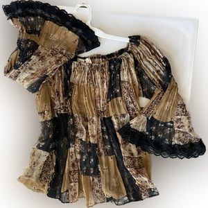 Vintage 90s Y2K Patchwork Sheer Floral Lace Fairycore Bell Sleeve Crinkle Top XL